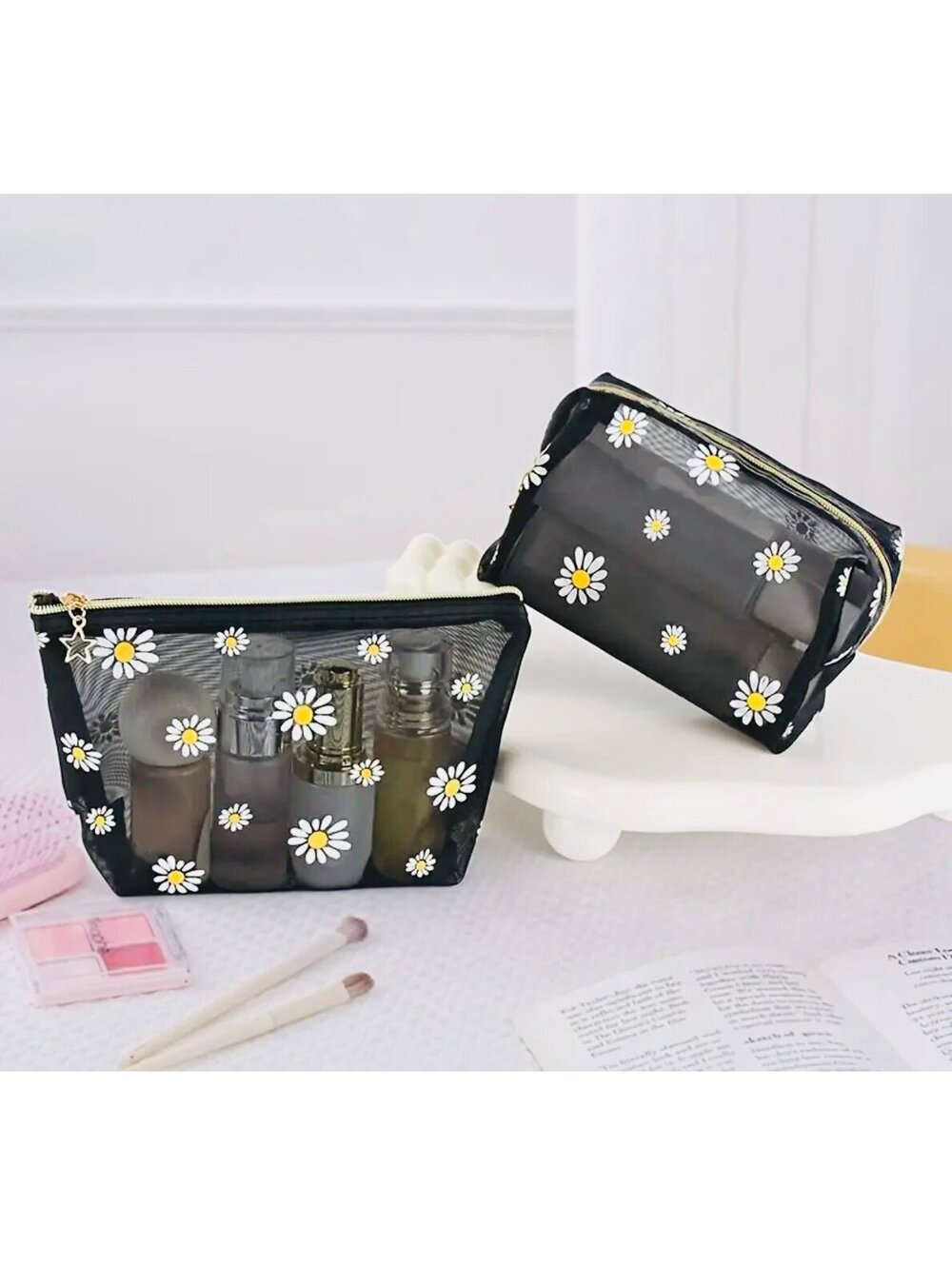 New - Chic - 2Pcs Black Mesh Daisy Print Octagonal Cosmetic /Accessories Bag Set